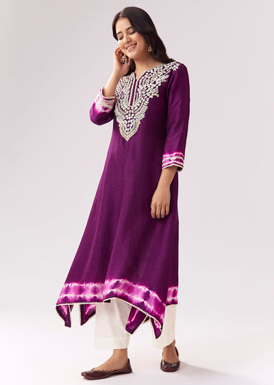 Asymmetric Purple Kurti Coord With Mirror Work And Leheriya Border