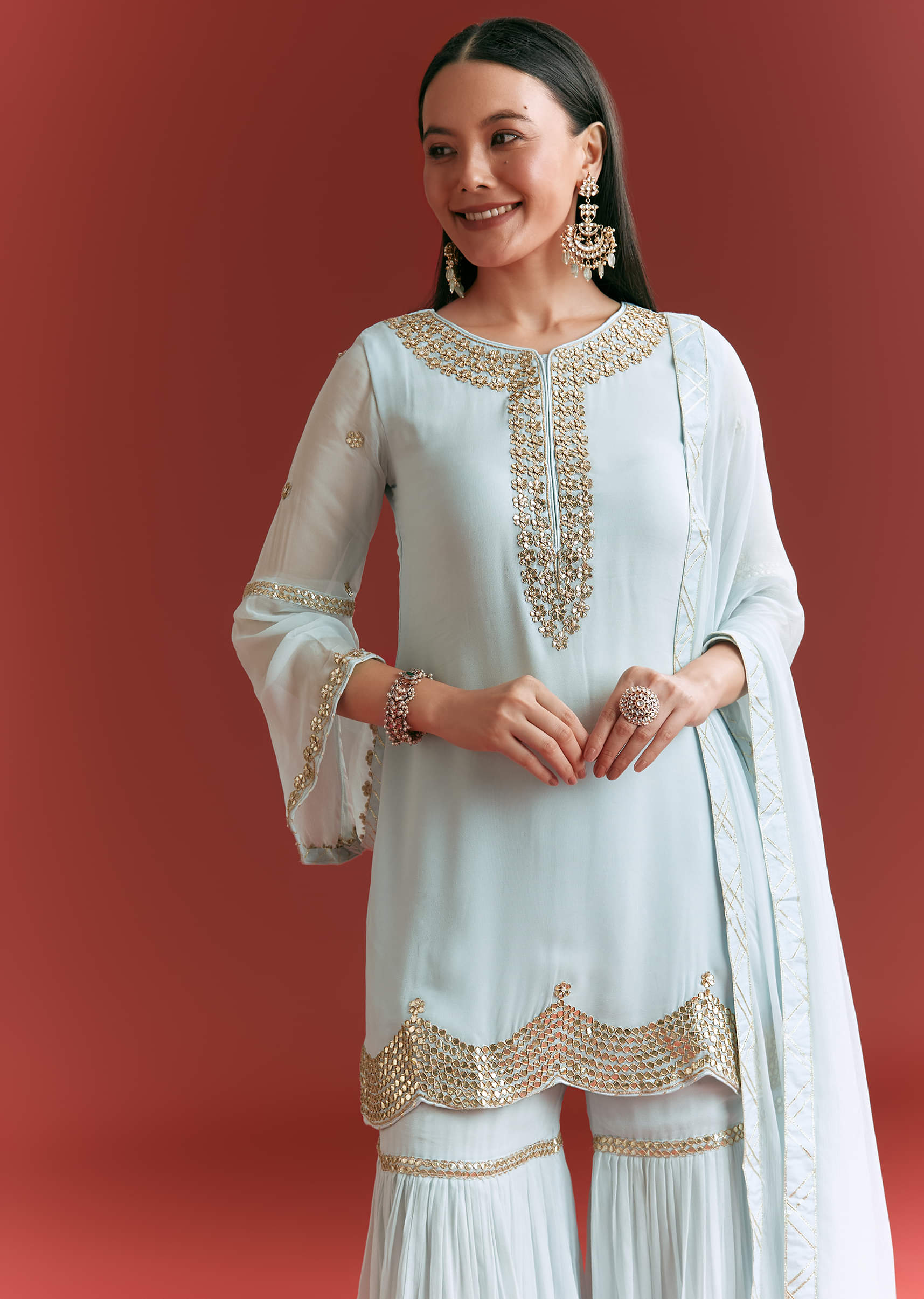 Baby Blue Georgette Kurta Sharara Suit With Gotta Lace And Moti Work