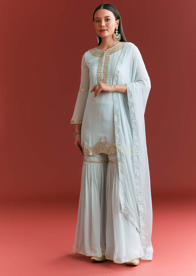 Baby Blue Georgette Kurta Sharara Suit With Gotta Lace And Moti Work