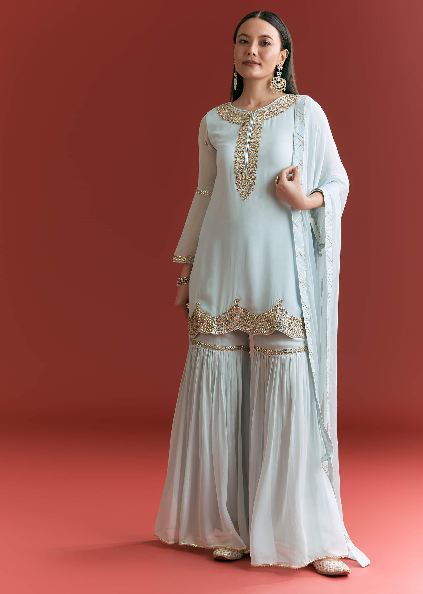 Baby Blue Georgette Kurta Sharara Suit With Gotta Lace And Moti Work