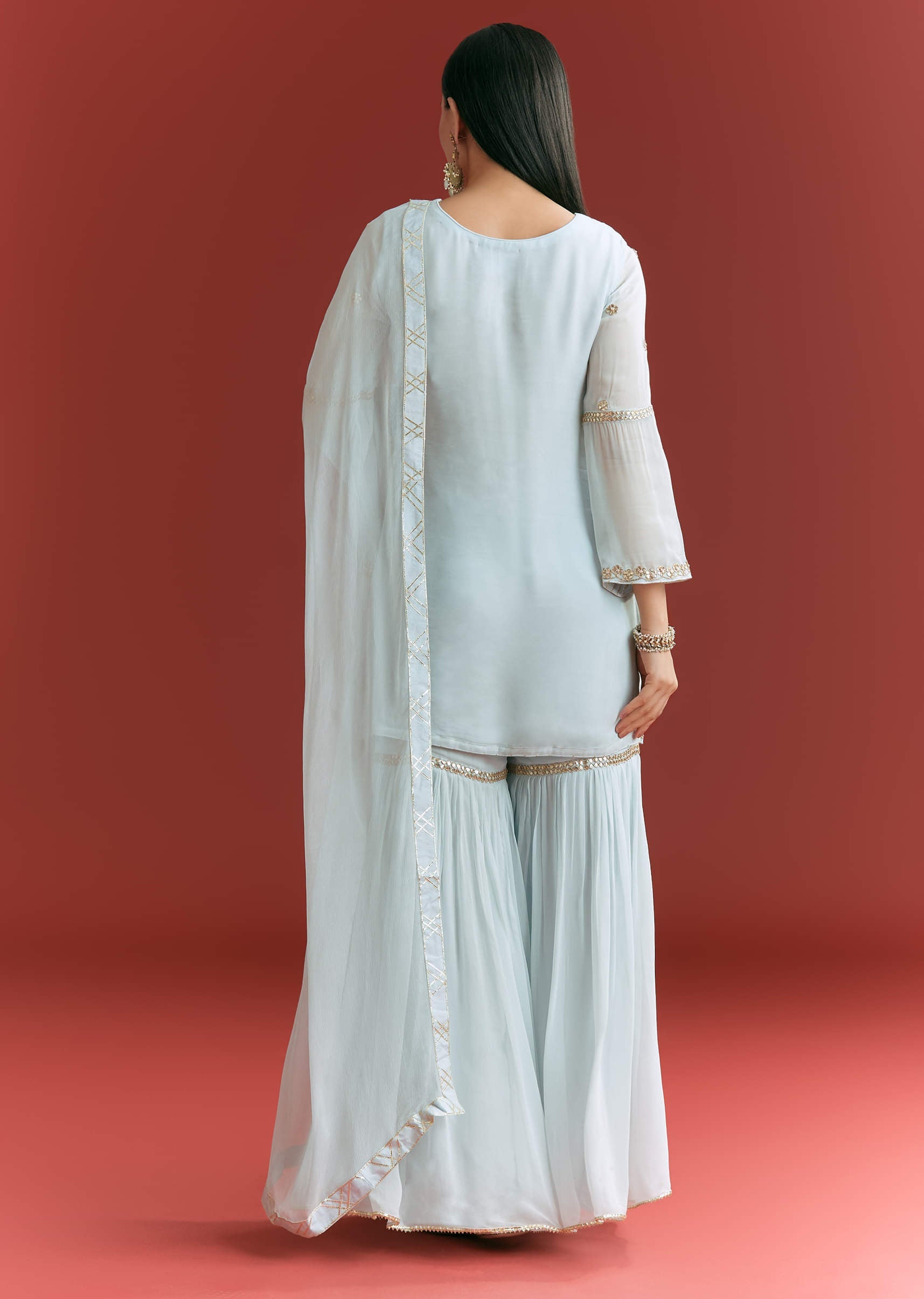 Baby Blue Georgette Kurta Sharara Suit With Gotta Lace And Moti Work