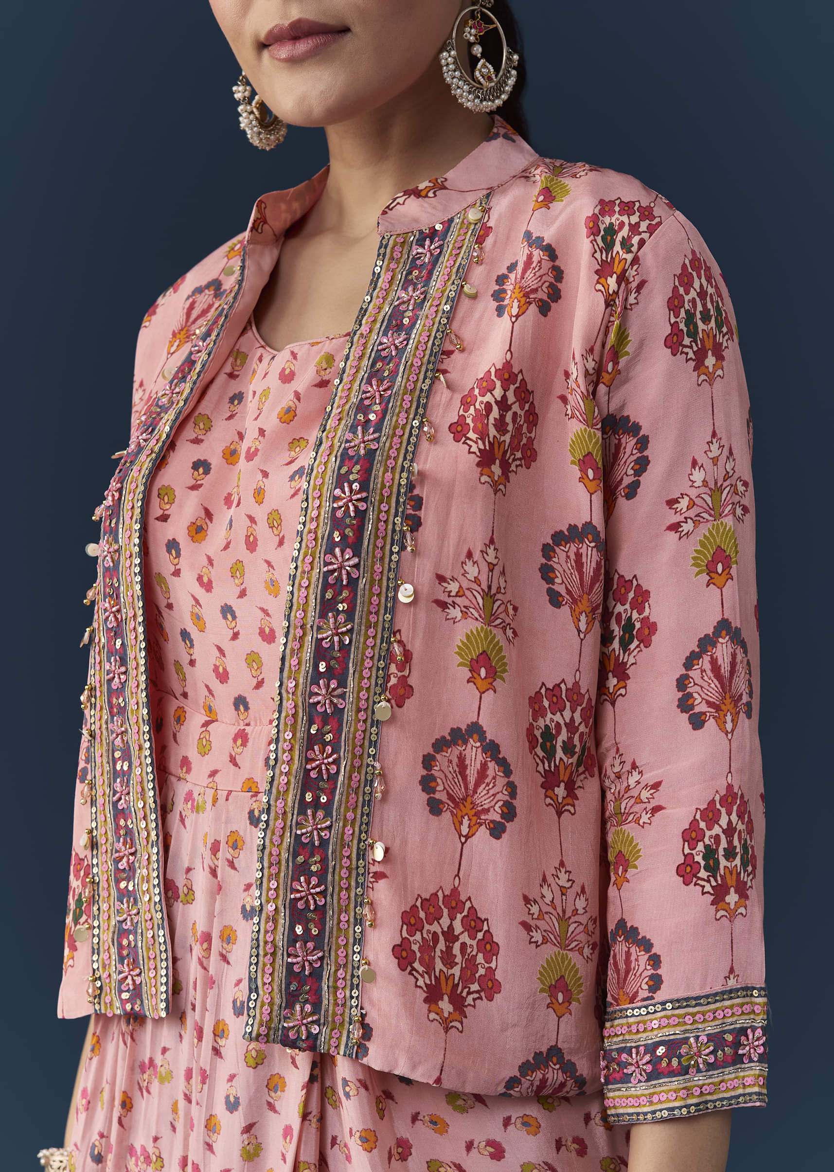 Baby Pink Floral Print Draped Gown with Sequins Jacket