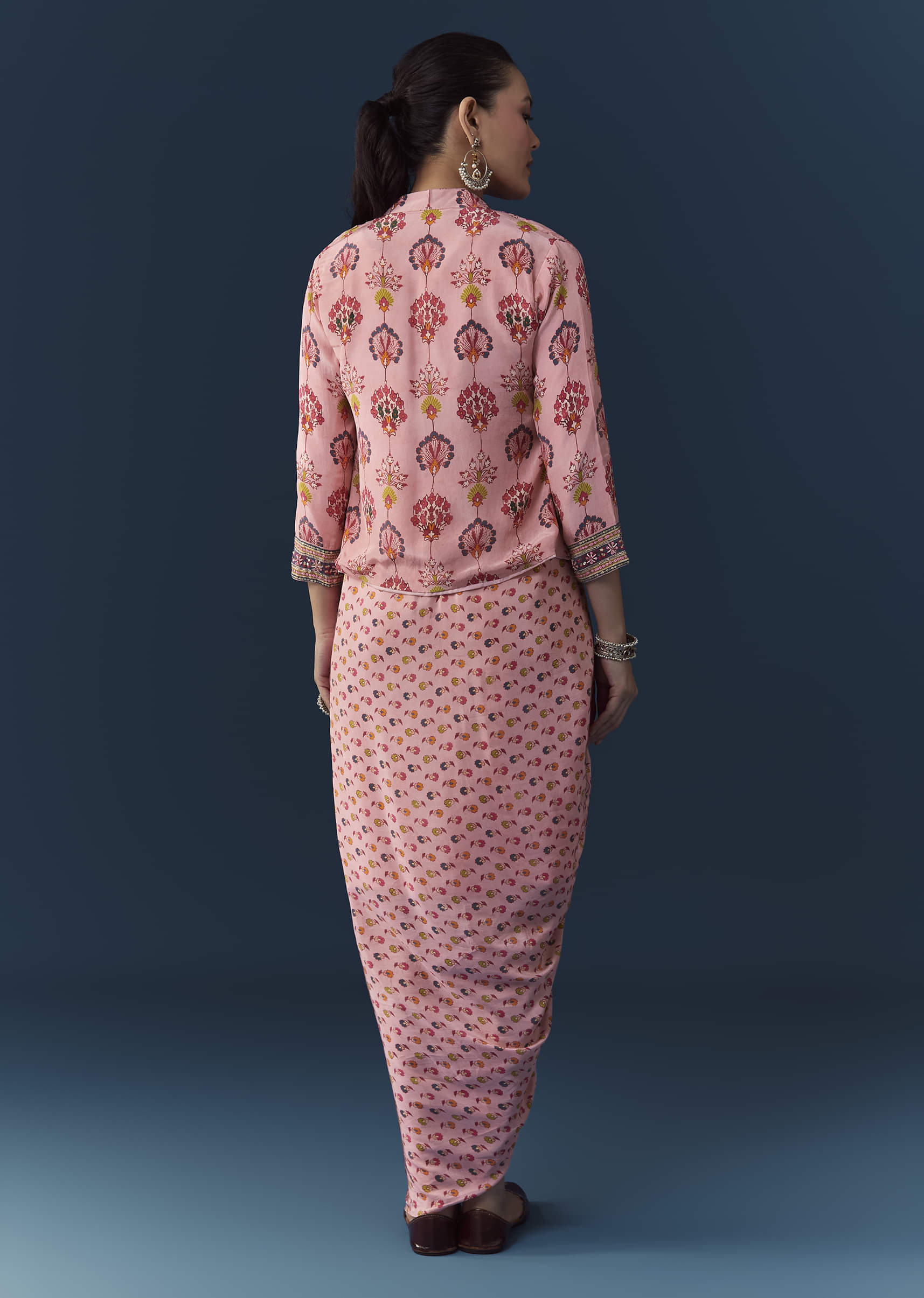 Baby Pink Floral Print Draped Gown with Sequins Jacket