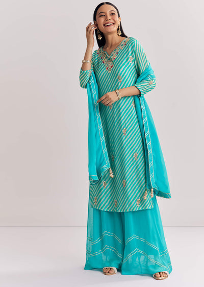 Aqua blue Georgette Kurta Palazzo Suit With Organza Dupatta And Gotta Work
