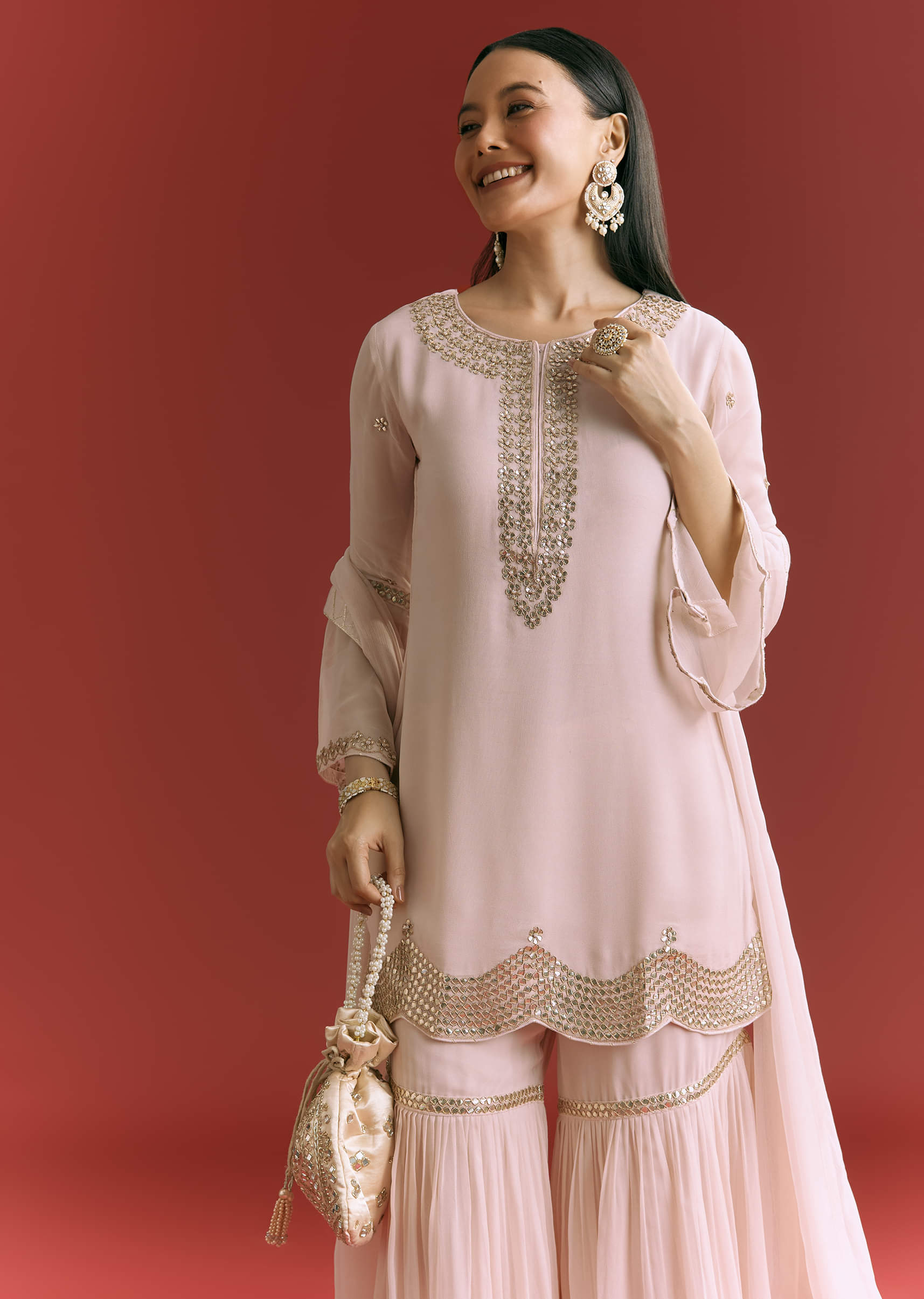 Baby Pink Georgette Kurta Sharara Suit With Moti Work And Gotta Lace
