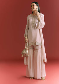 Baby Pink Georgette Kurta Sharara Suit With Moti Work And Gotta Lace