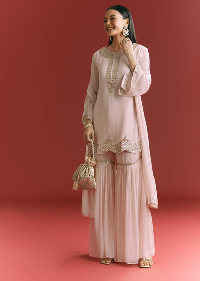 Baby Pink Georgette Kurta Sharara Suit With Moti Work And Gotta Lace