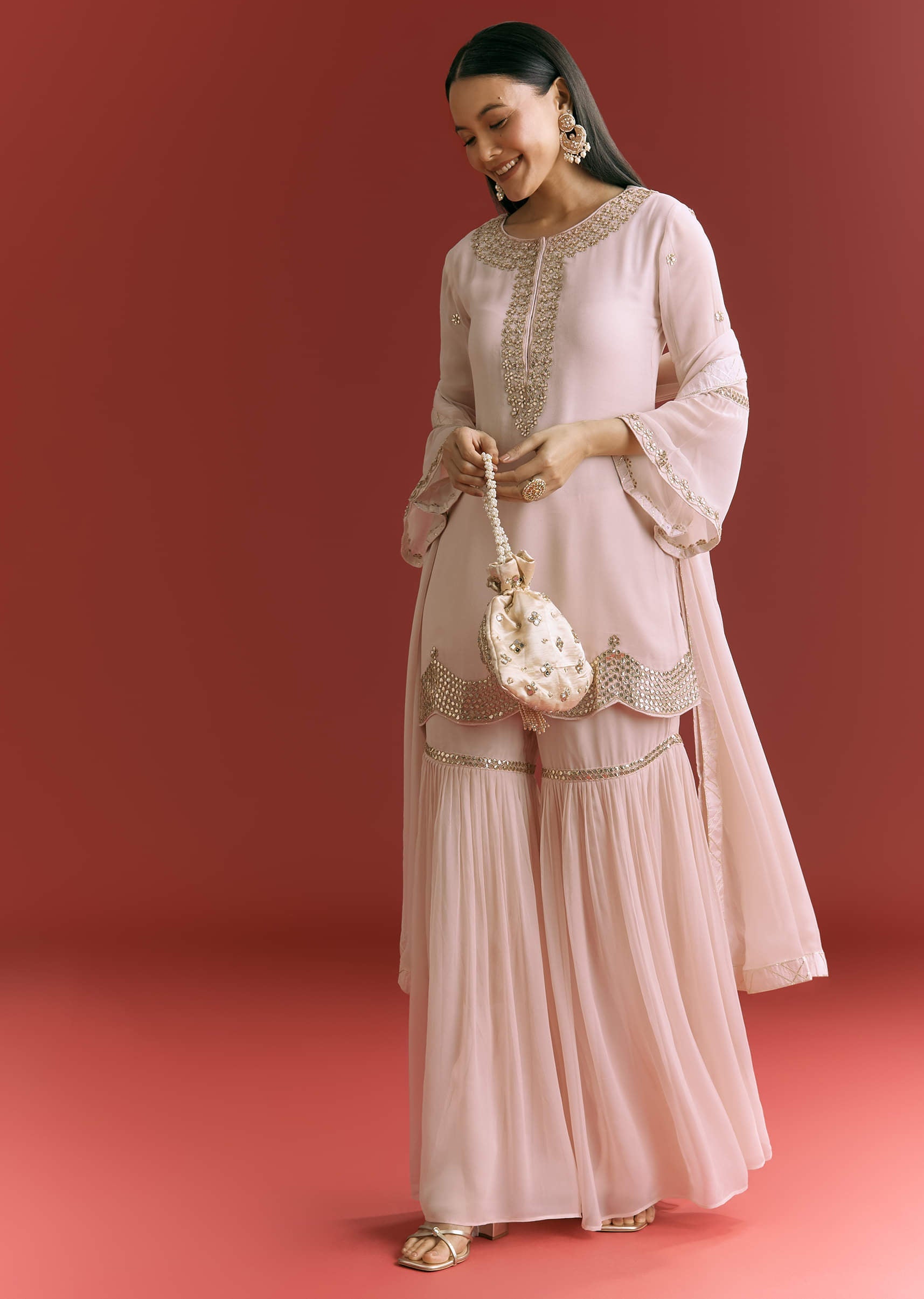 Baby Pink Georgette Kurta Sharara Suit With Moti Work And Gotta Lace