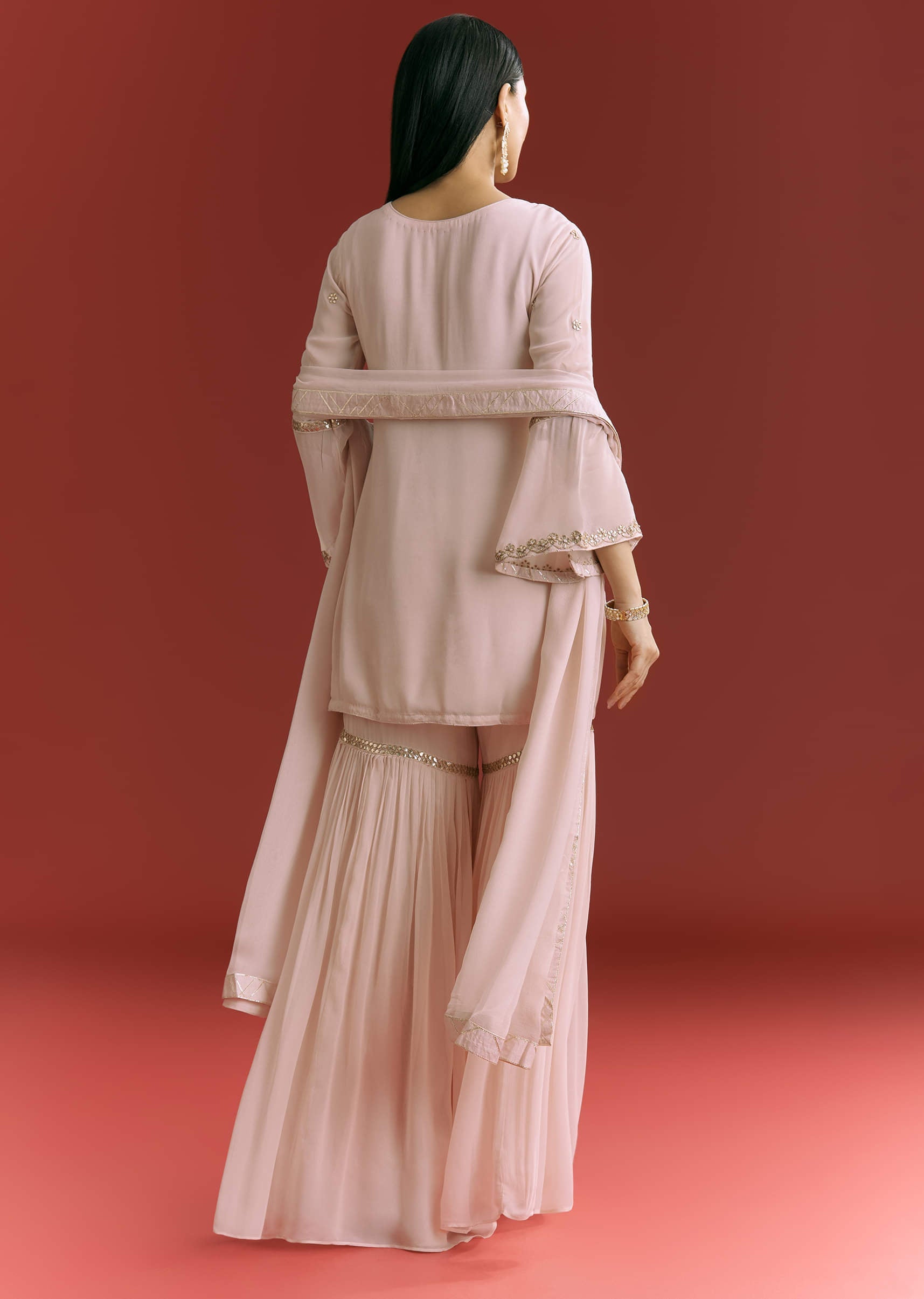 Baby Pink Georgette Kurta Sharara Suit With Moti Work And Gotta Lace