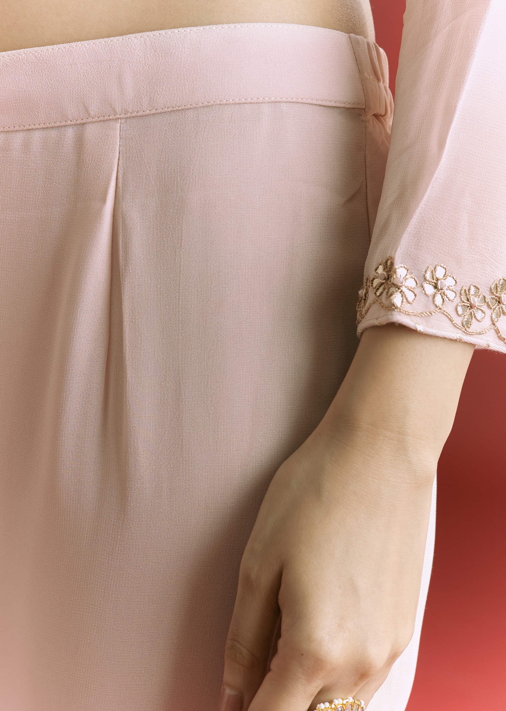 Baby Pink Georgette Kurta Sharara Suit With Moti Work And Gotta Lace