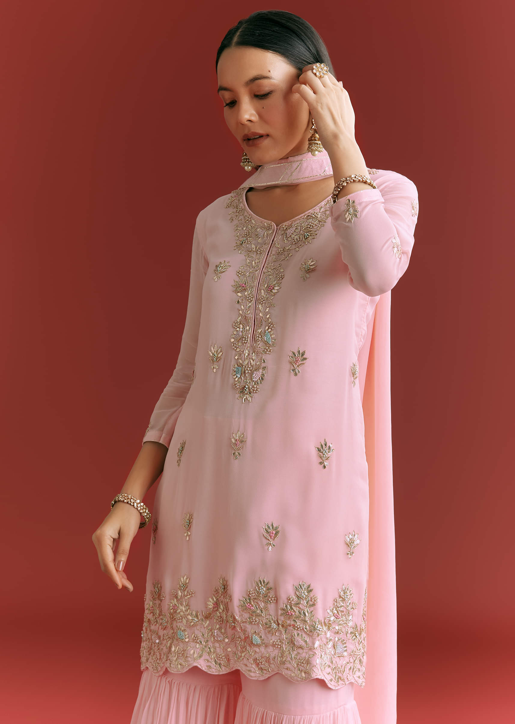 Baby Pink Georgette Kurta Sharara Suit With Organza Dupatta And Moti Work