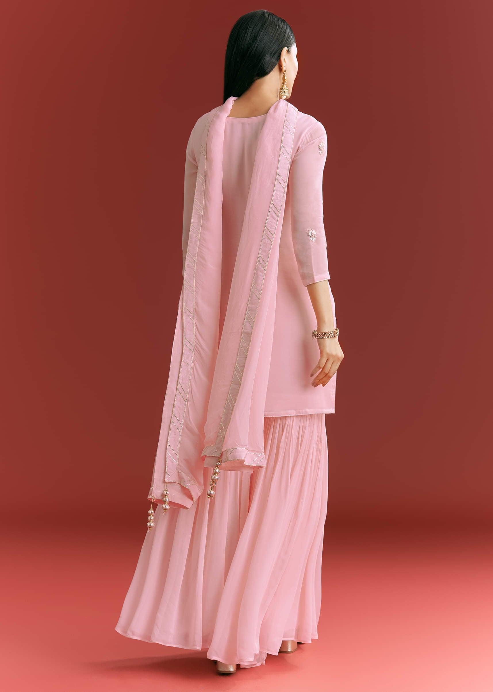 Baby Pink Georgette Kurta Sharara Suit With Organza Dupatta And Moti Work