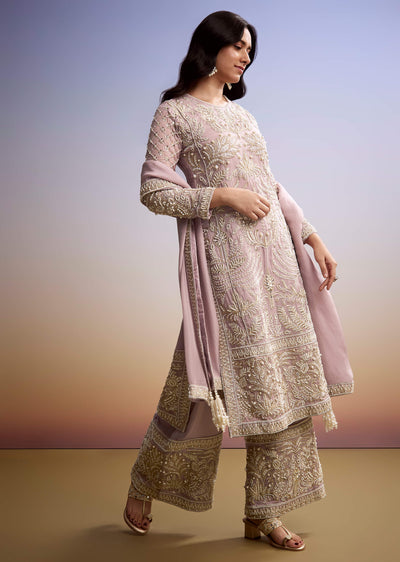Baby Pink Organza Palazzo Suit With Zari And Moti Work