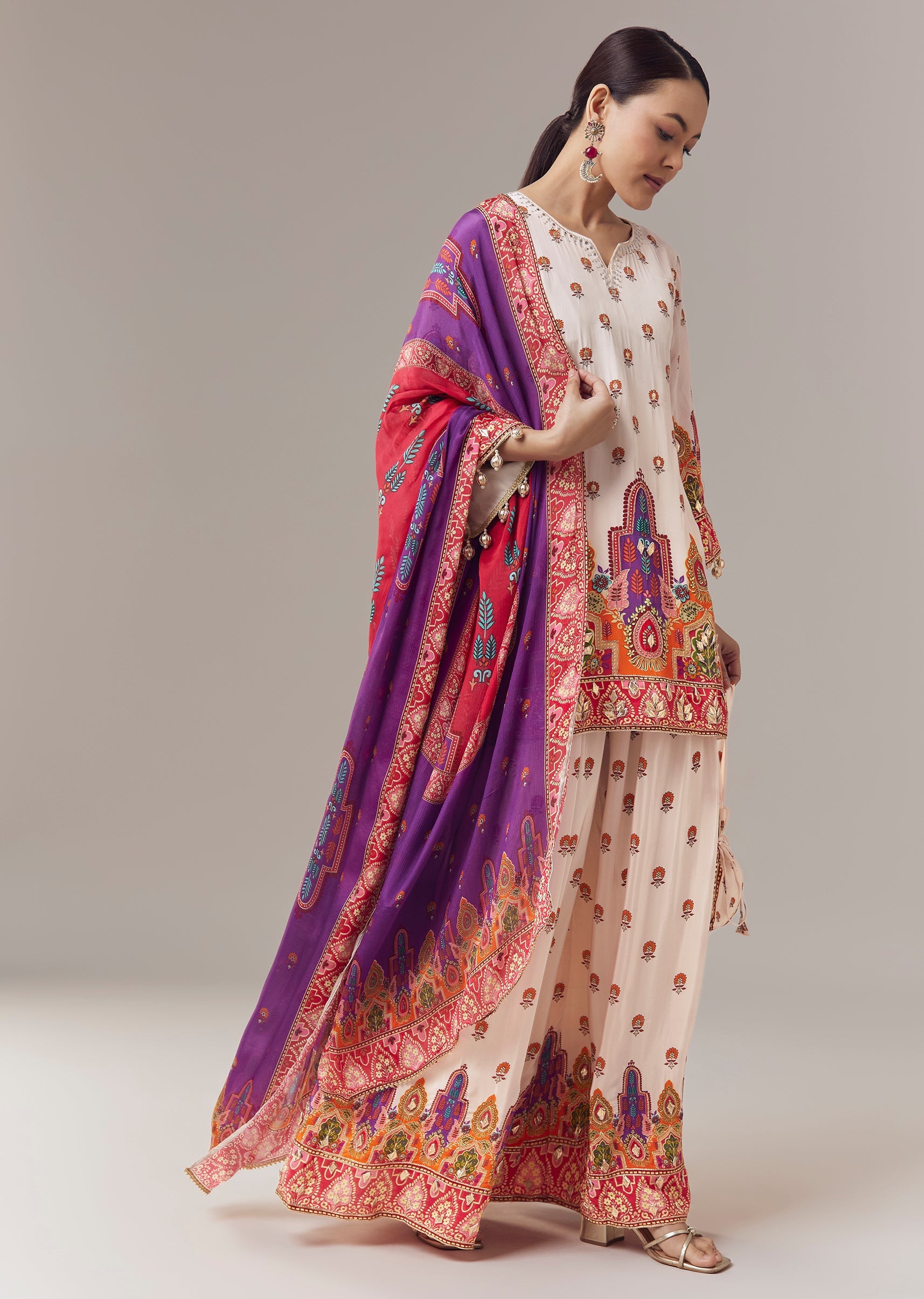Baby Pink Sharara Suit In Indie Print With Mirror And Gotta Work And Dupatta