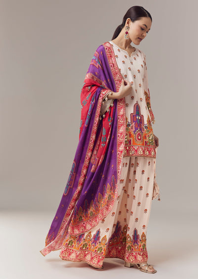 Baby Pink Sharara Suit In Indie Print With Mirror And Gotta Work And Dupatta