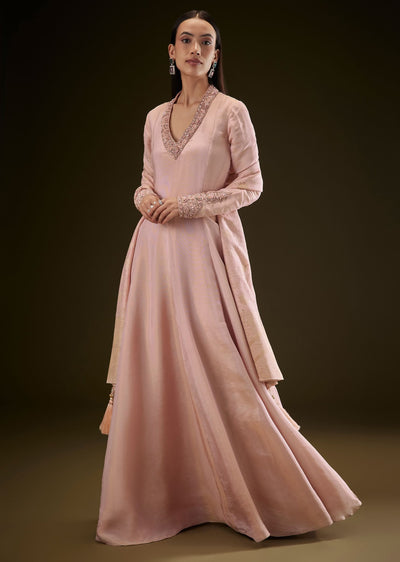 Baby Pink V Neck Anarkali With Printed Dupatta