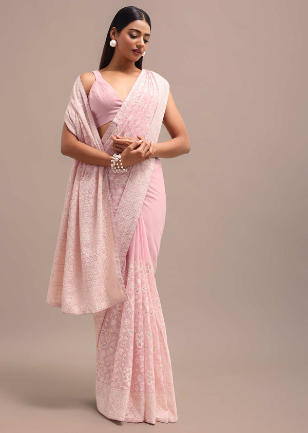 Baby Pink Georgette Parsi Gara Saree With Unstitched Blouse