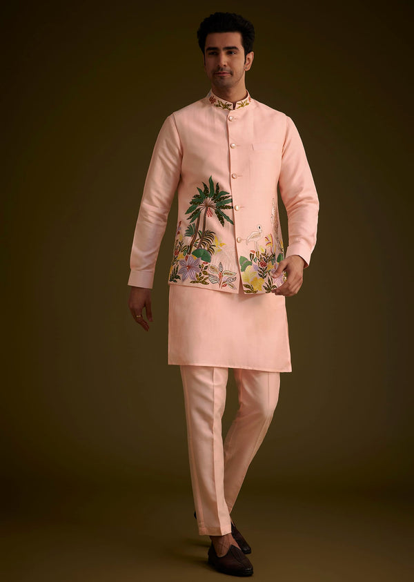 Baby Pink Silk Jacket Set With Nature Themed Patch Work
