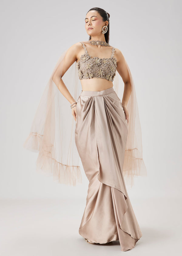Beige 3D Floral Embellished Crop Top And Drape Skirt Set