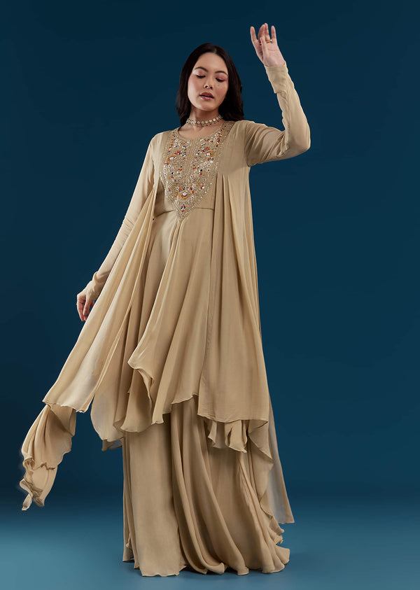 Beige Asymmetric Kurta Sharara Set