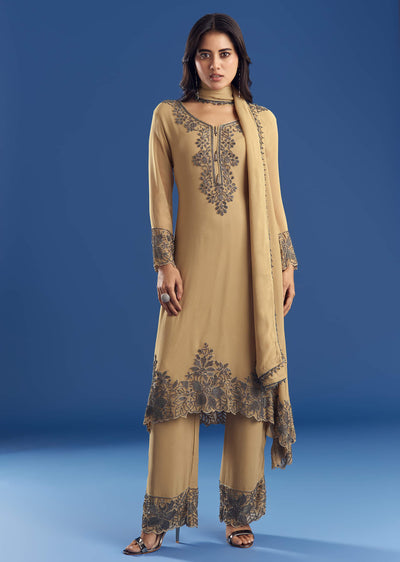 Beige Asymmetrical Georgette Beaded Kurta Pant Set With Dupatta