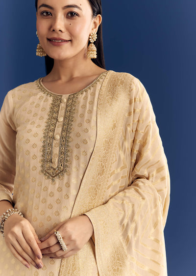 Beige Banarasi Georgette Kurta Set With Zardosi Neckline