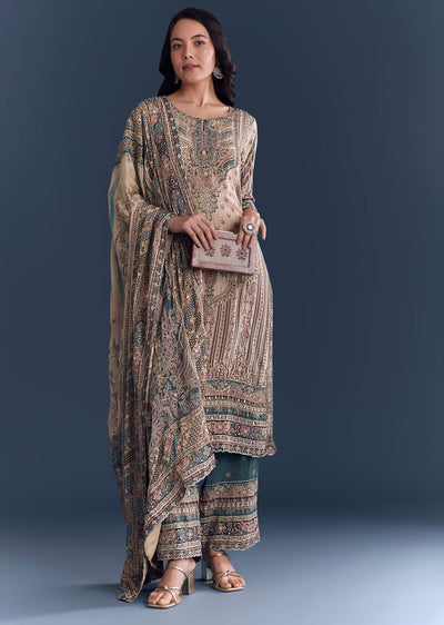 Beige Blue Ombre Crepe Kurta Set With Indie Print And Zari Work