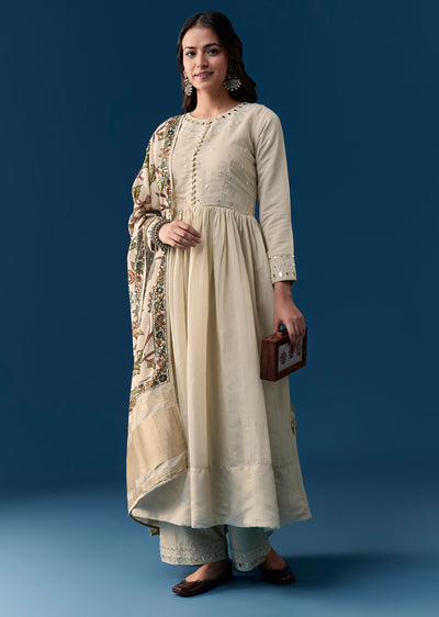 Beige Chanderi Anarkali Set With Mirror And Sequins Work
