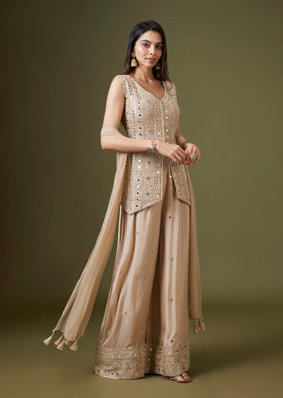 Champagne Gold Front Slit Palazzo Set With Mirror Cut Dana Embellishments