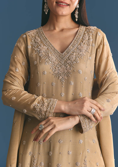 Beige Chinon Kurta Palazzo Suit With Sequins Thread Work