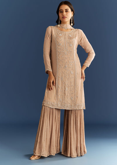 Beige Chinon Kurta Sharara Set With Cut Dana Sequins Work
