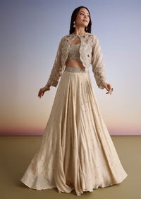 Beige Chinon Lehenga Jacket Set With Beads And Cutdana Work