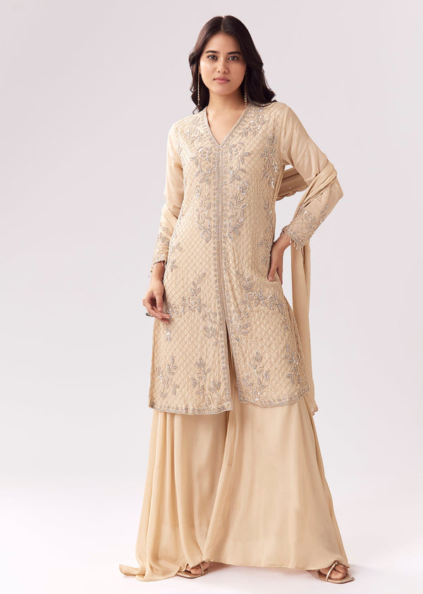 Beige Chinon Palazzo Suit With Heavy Detailing