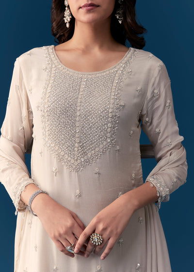 Beige Chinon Sharara Set With Cut Dana And Sequins Work