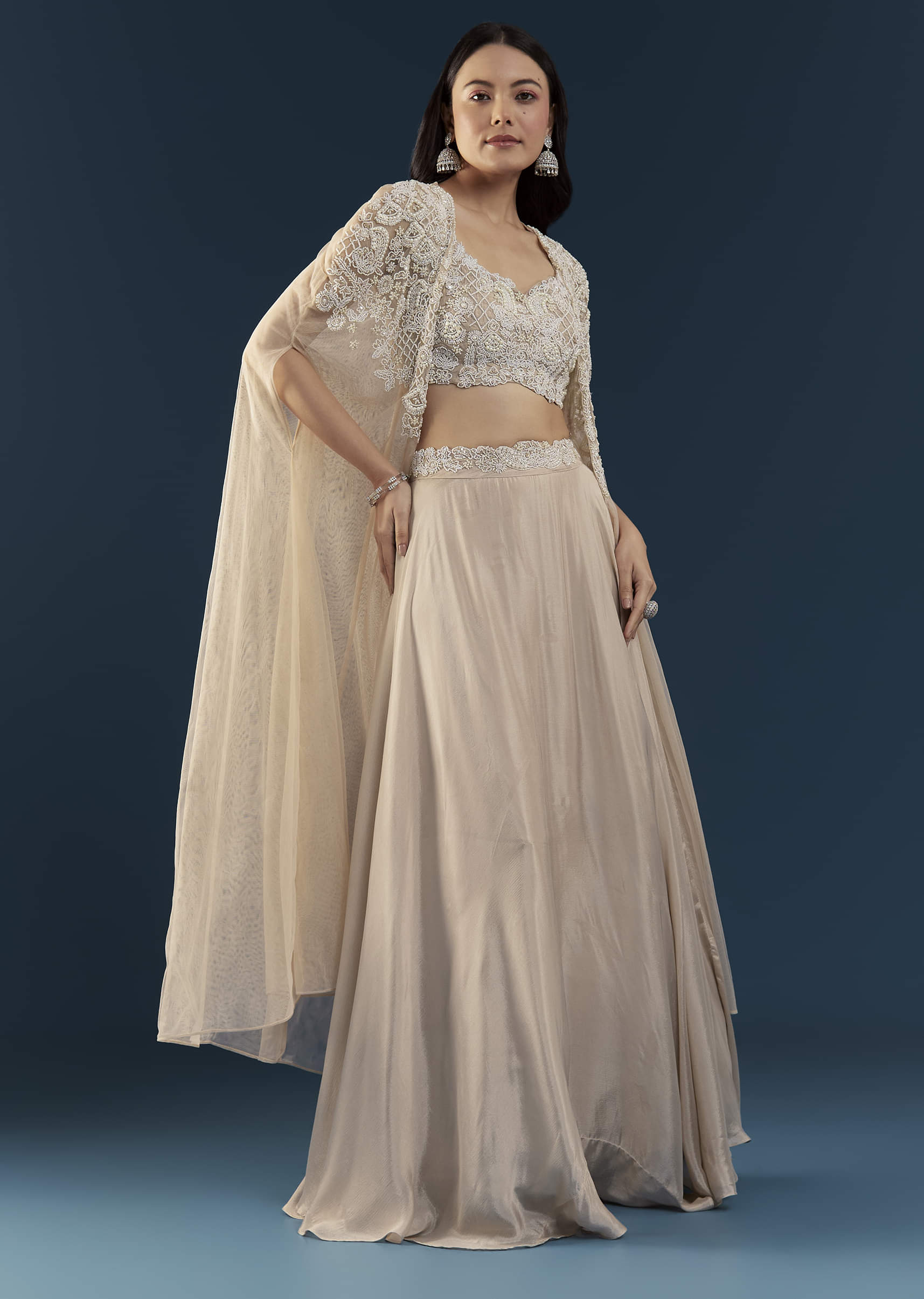 Beige Chinon Silk Crop Top Skirt Set with Cape