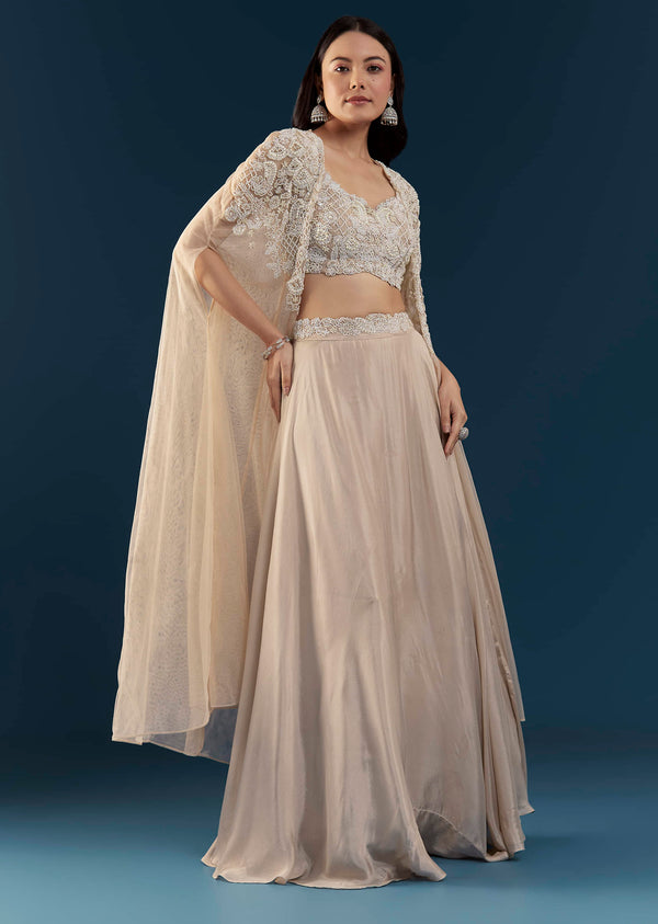 Beige Chinon Silk Crop Top Skirt Set with Cape