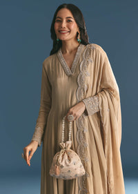 Beige Chinon Zardosi Work Anarkali Suit With Embroidered Dupatta