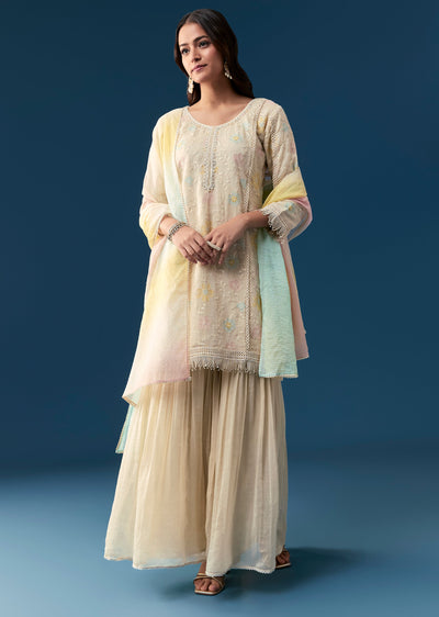 Beige Cotton Sharara Set With Thread And Sequins Work