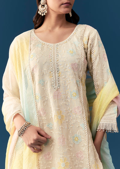 Beige Cotton Sharara Set With Thread And Sequins Work