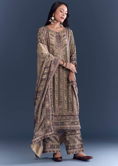 Beige Crepe Kurta Set With Floral Print And Zari Embroidery