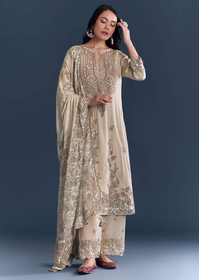 Beige Crepe Kurta Set With Floral Print And Zari Work