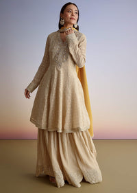 Beige Crush Tissue Embroidered Kurta Sharara Suit With Dupatta