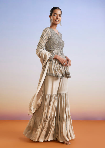 Beige Cut Dana Embroidered Peplum Sharara Suit With Dupatta