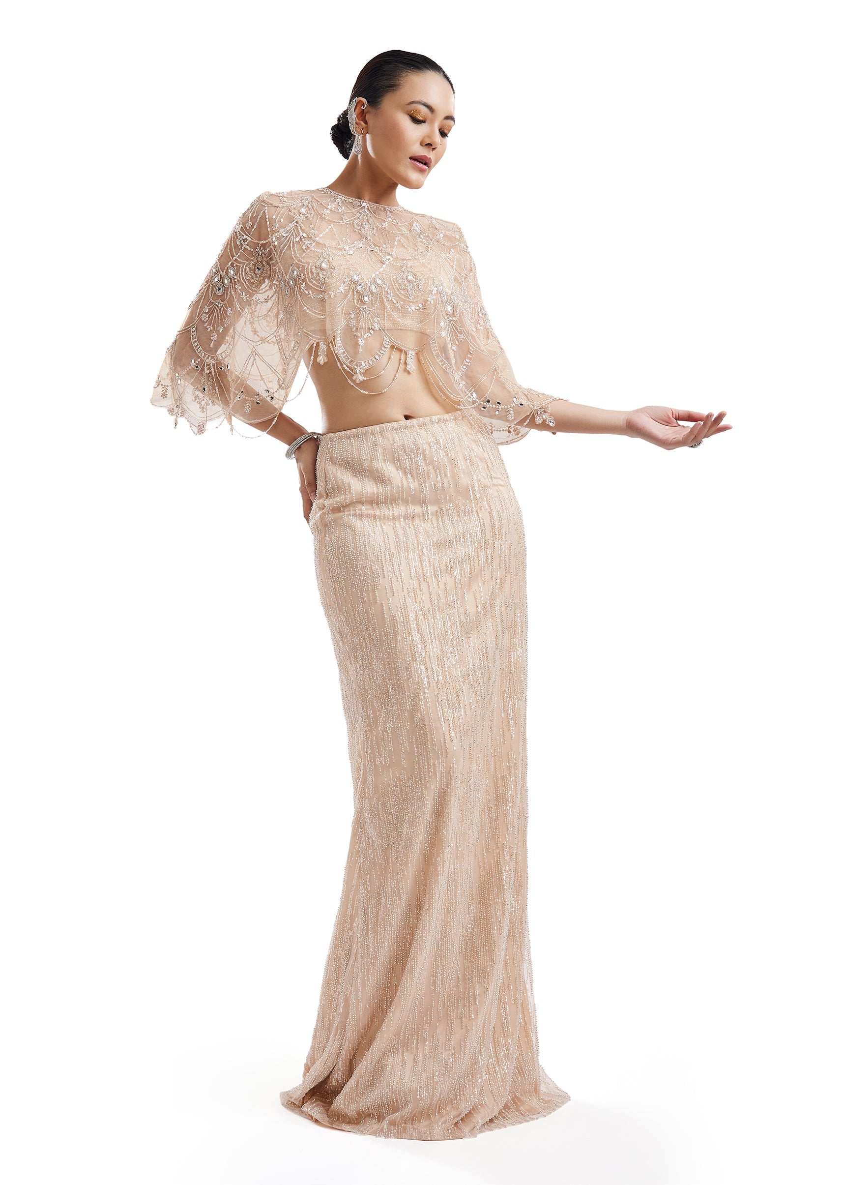Beige Embellished Cape Crop Top Skirt Set