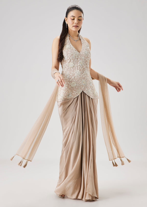 Beige Embroidered Drape Skirt Set With Dupatta