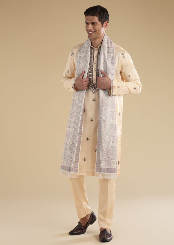 Beige Embroidered Kurta Set With Dupatta