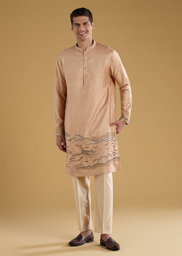Beige Embroidered Mens Kurta Pant Set