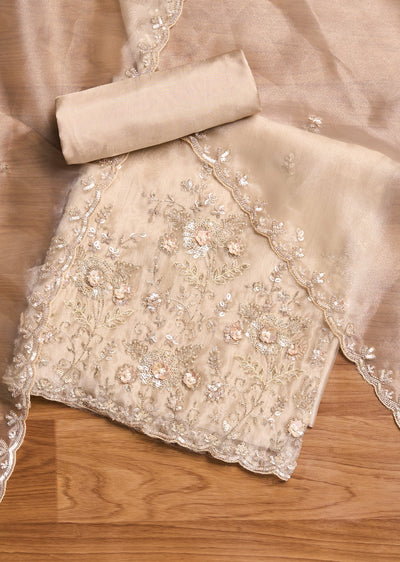 Beige Embroidered Tissue Suit