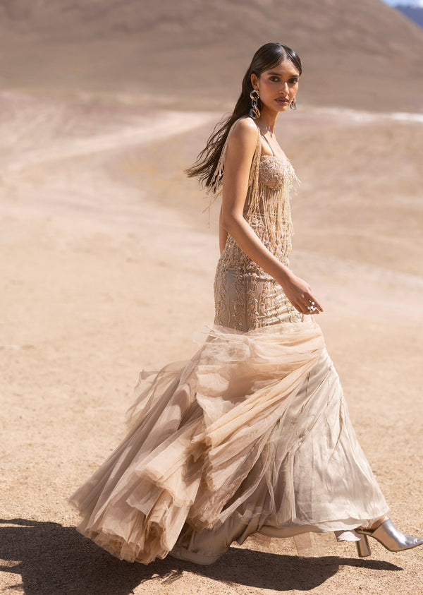 Beige Fish Cut Net Bridal Gown