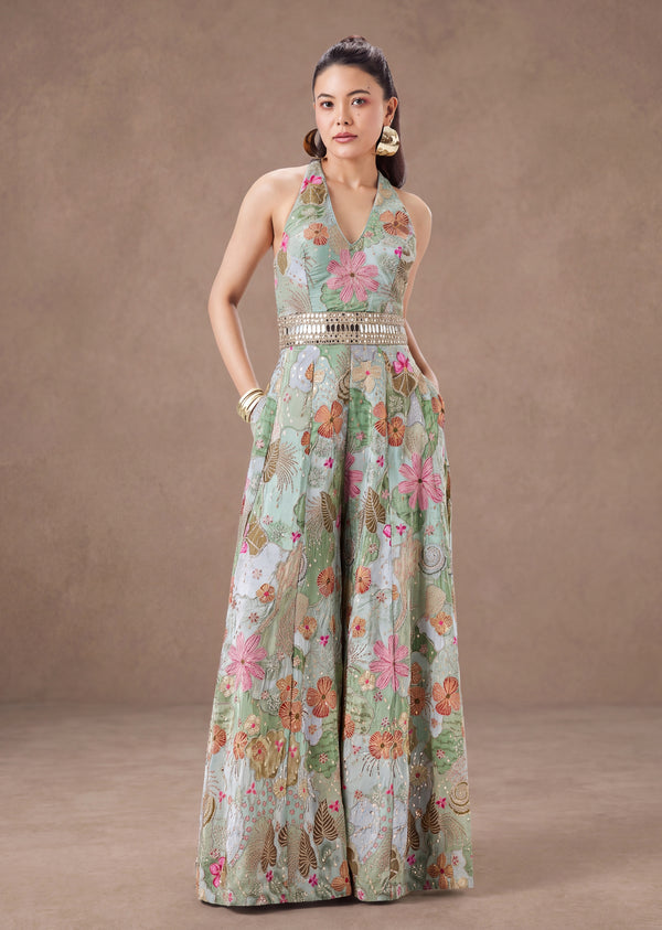 Sky Blue Floral Print Jumpsuit Adorned With Zari And Mirror Embellishments